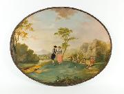 Edward Bird Decorated oval japanned tray base with painted scene from Tristram Shandy, signed and attributed to Edward Bird. oil painting on canvas